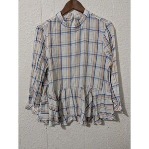 Maeve Womens Ruffle Tunic Top Sz 12 flannel Hight Neck Long SLV No Stretch 326P
